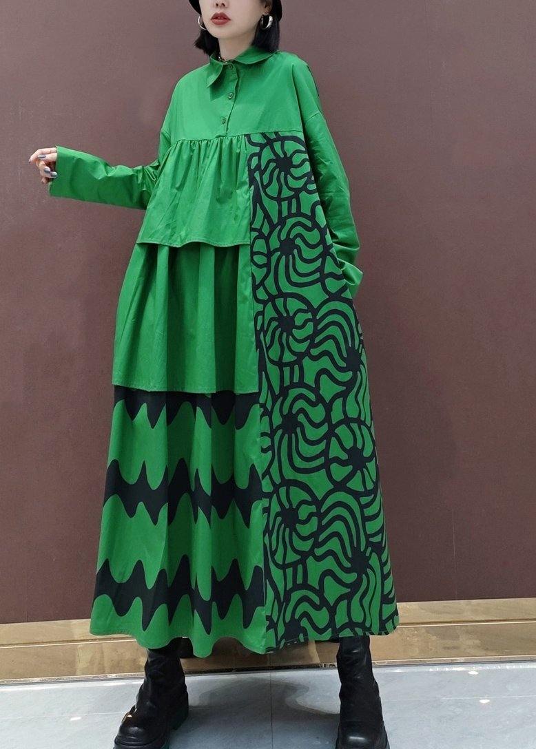 Vivid Lapel Asymmetric Spring Quilting Dresses Tunic Green Print Plus Size Dress