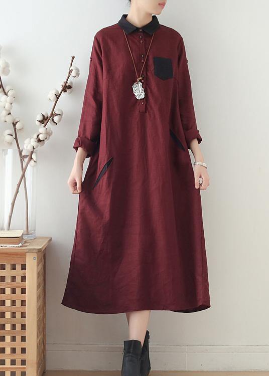 Wine Red Large Linen Long Shirt Dress Robe