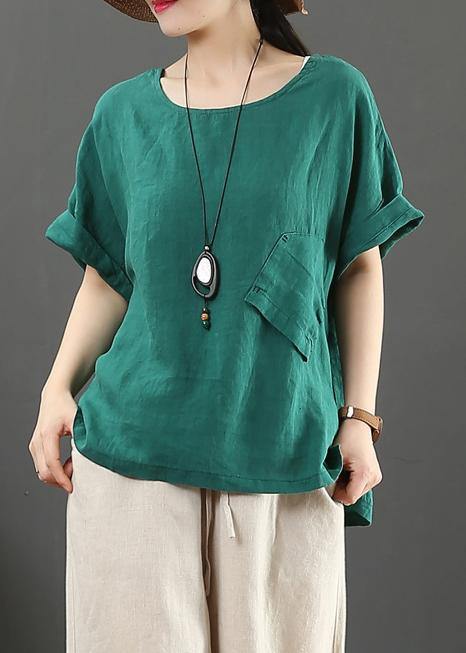 Elegant o neck pockets linen cotton summer shirts women green Art tops