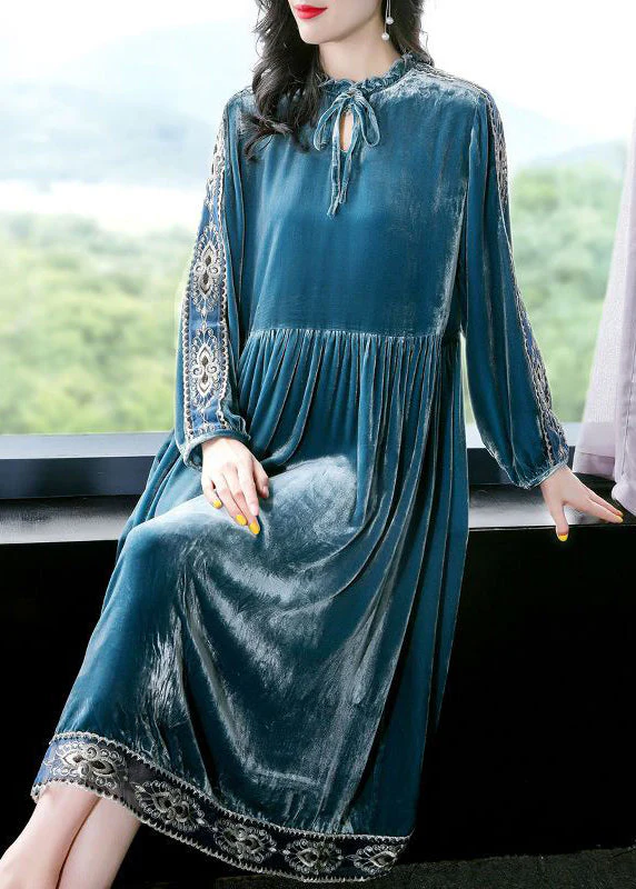Women Peacock Blue Ruffled Embroideried Patchwork Silk Velour Dress Spring