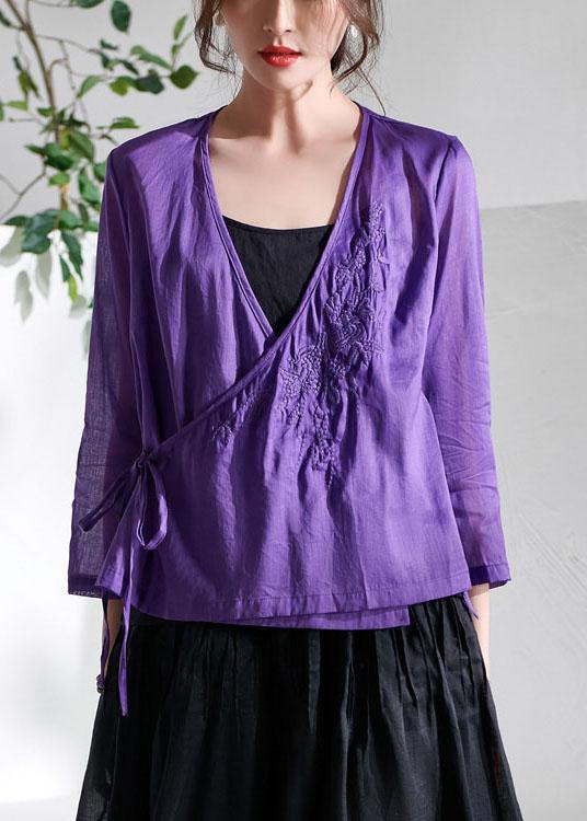 Boutique Purple Tie Waist Asymmetrical Design Summer Ramie Top