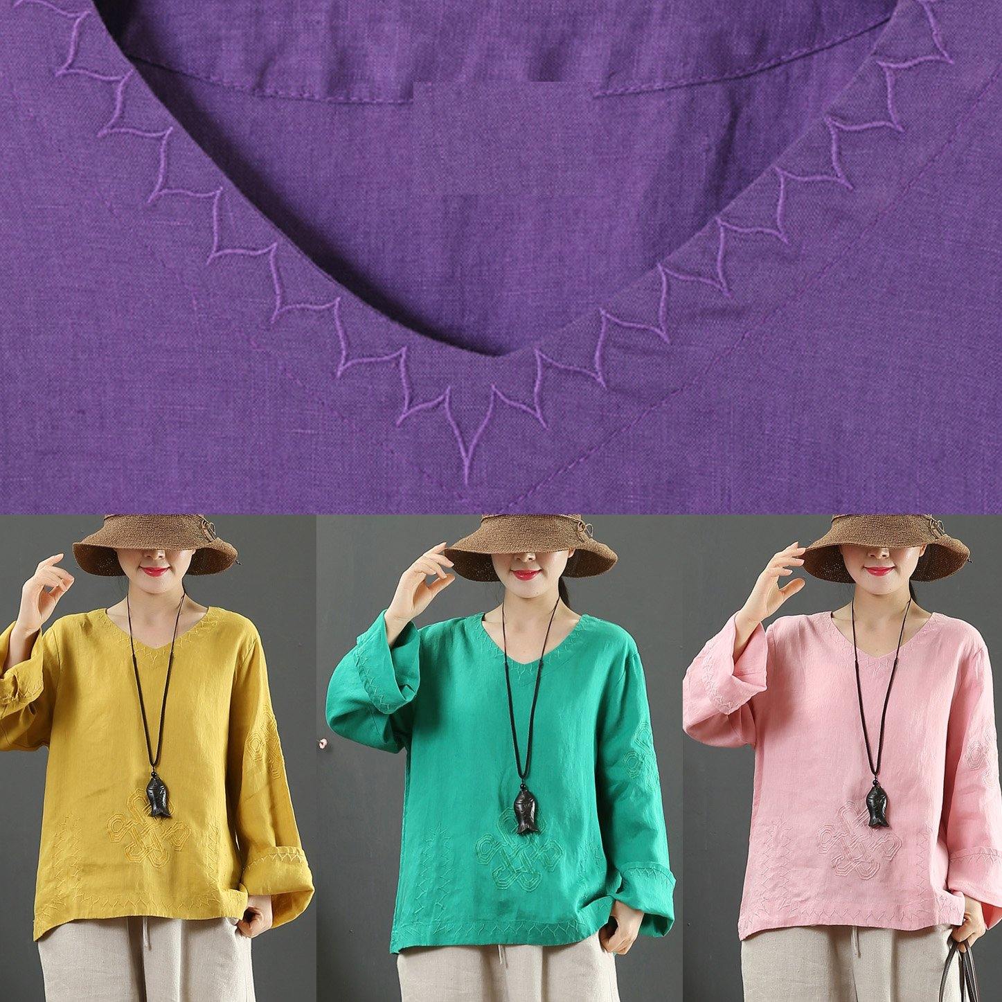 Art V Neck Embroidery Spring Purple Blouse