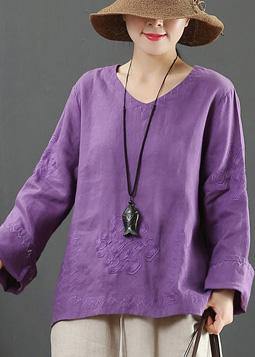 Art V Neck Embroidery Spring Purple Blouse