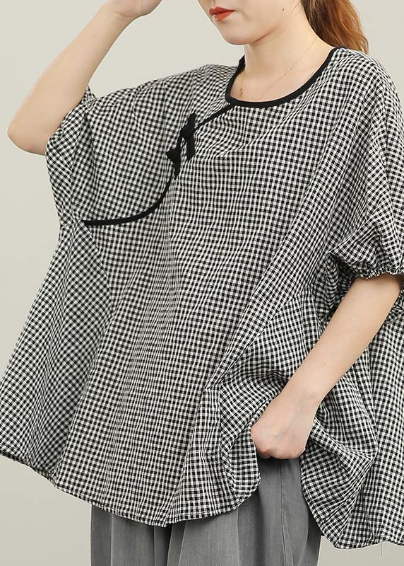 Handmade Black Plaid Button Cotton Shirt Top Summer