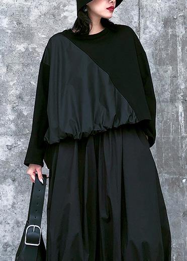 Italian o neck Cinched spring tunic pattern black top