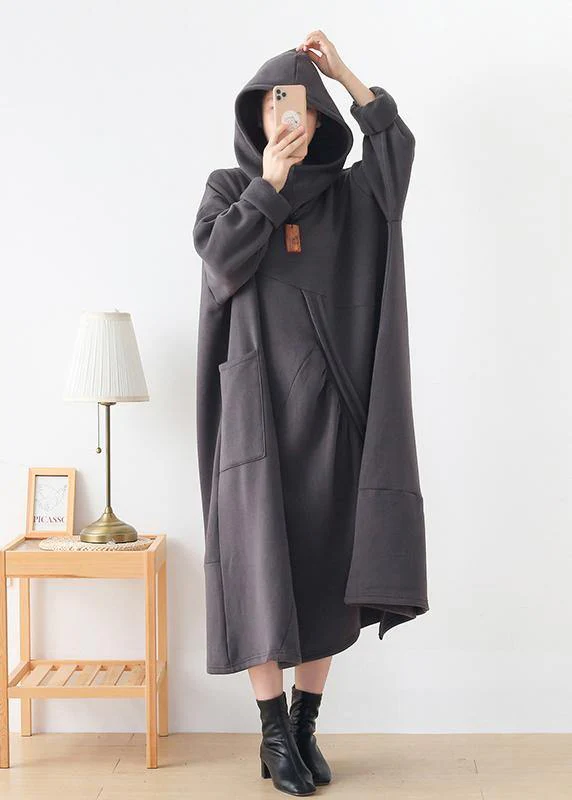 Classy dark gray Tunic hooded asymmetric long Dresses