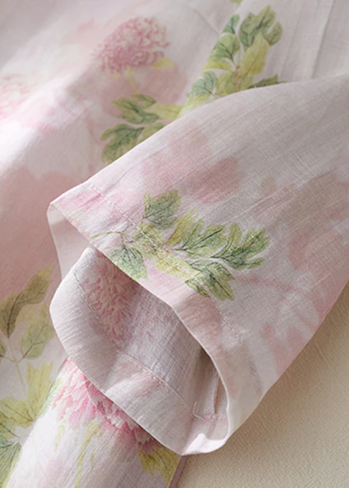 Women Pink O Neck Button Print Linen Shirts Bracelet Sleeve