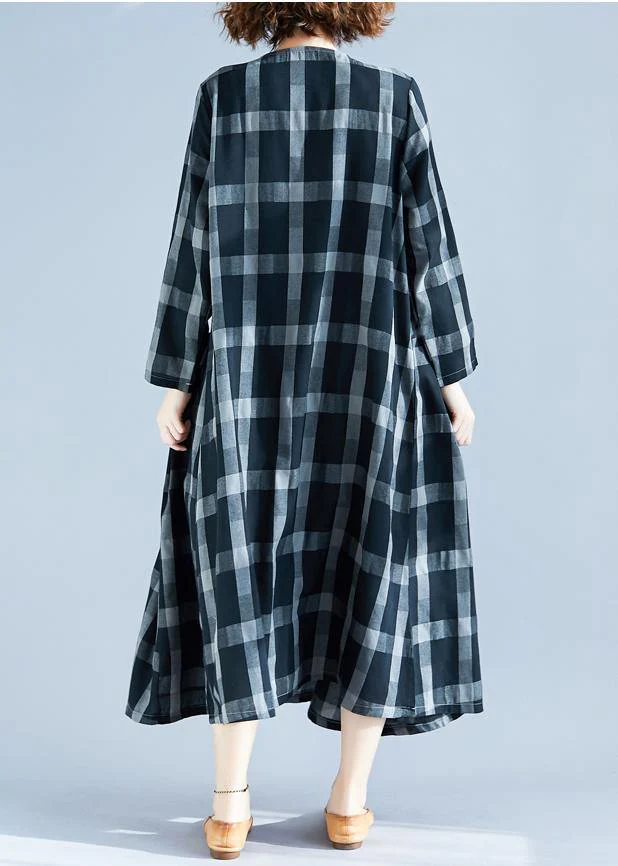 DIY O Neck Pockets Spring Tunics Gray Plaid Maxi Dress