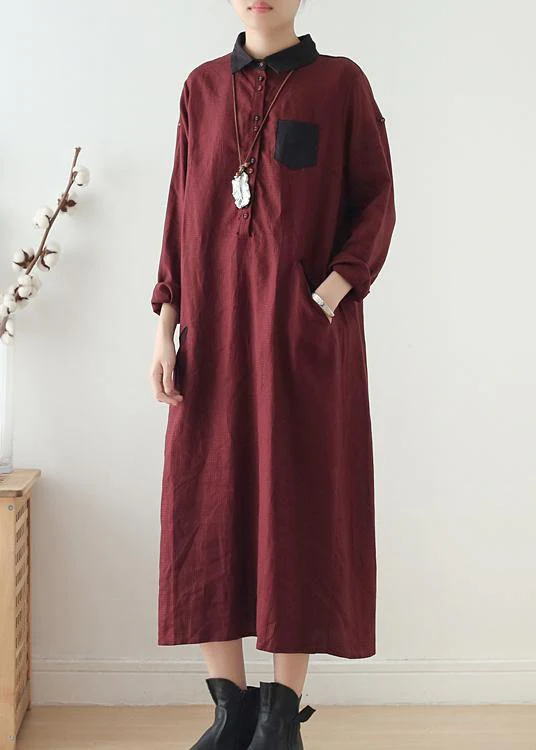 Wine Red Large Linen Long Shirt Dress Robe