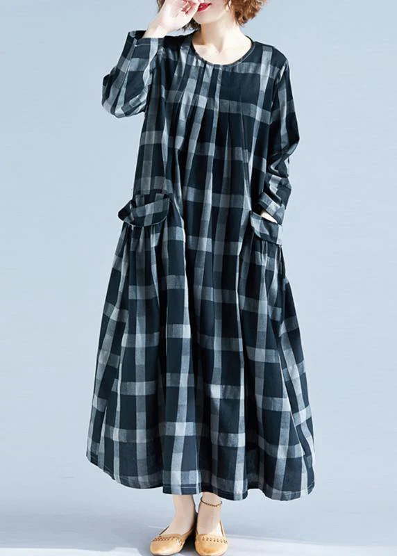 DIY O Neck Pockets Spring Tunics Gray Plaid Maxi Dress