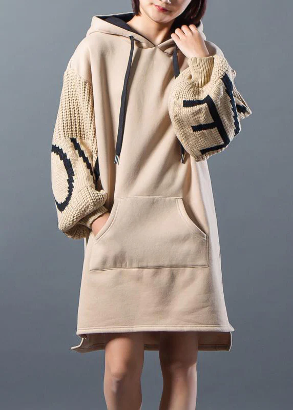 French Cotton tunic dressSweets Hoodies Drawstring Spliced Split Winter Dress