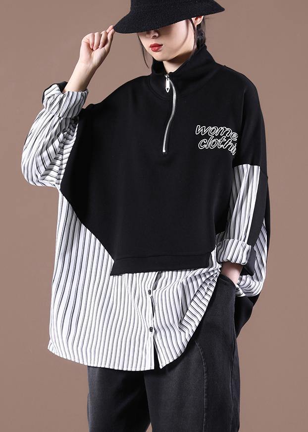 Women Patchwork Spring Organic Shirts Black Tops