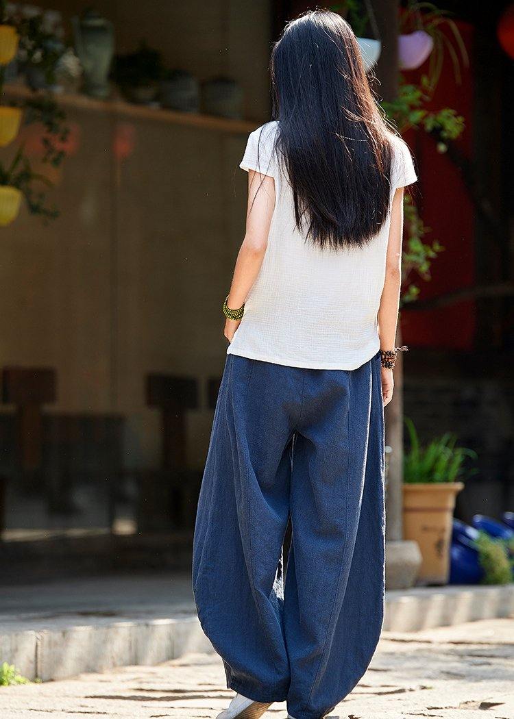 2024 cotton and linen women's Chinese style ramie wild pants yoga pink-flower pants