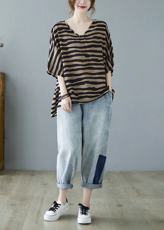 Fashion Khaki V Neck Bat wing Sleeve Striped Print Fall Blouses