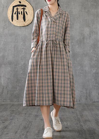Women Notched drawstring linen cotton Tunics Fashion Ideas green plaid Dress