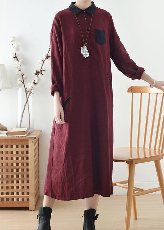 Wine Red Large Linen Long Shirt Dress Robe