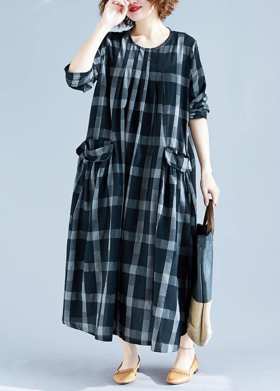 DIY O Neck Pockets Spring Tunics Gray Plaid Maxi Dress