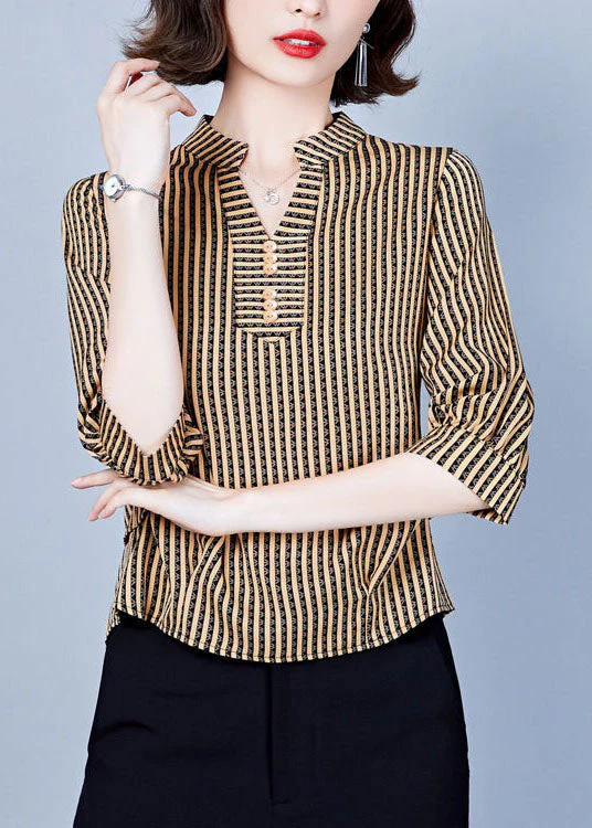 Women Khaki V Neck Striped Silk Shirts Bracelet Sleeve