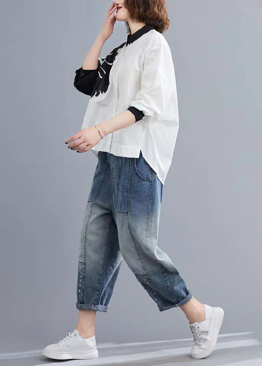 Fitted White Button Print asymmetrical design Fall Long sleeve Blouse Tops